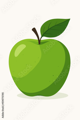 Green apple vector illustration. Fresh organic fruit with leaf and stem. Healthy food icon, natural, ripe. Simple design for diet, nutrition, grocery, vitamins, farm market, vegetarian, vegan, eco.