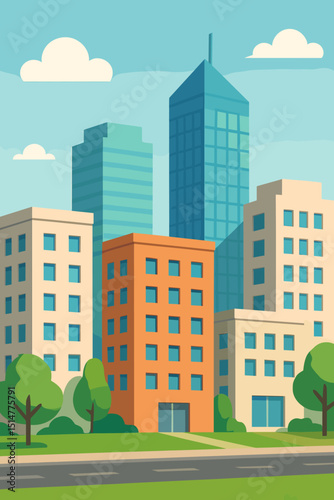 Colorful flat design cityscape with modern office buildings, residential towers, and lush green trees. Sunny day urban scene perfect for backgrounds, posters, or real estate promotions. Vector art.