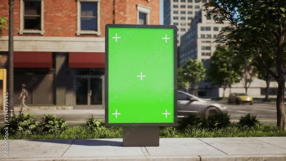 Outdoor Advertising Mockup: Blank Billboard on Street with Motion, Realistic Pedestrian Level Billboard with Green Screen Display