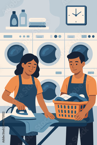 Laundromat laundry service. Couple doing chores, woman ironing, man with basket. Washing machines, dryers. Clean clothes, domestic life. Vector illustration people characters. Household tasks.