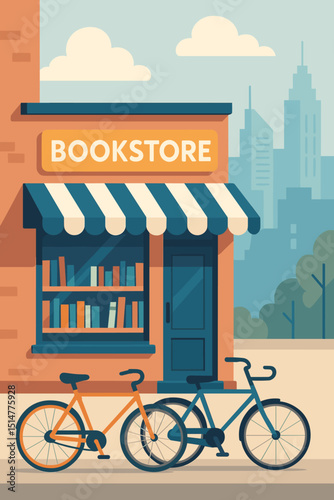Urban bookstore facade illustration, bikes parked. City street scene, book shop window, awning, skyline. Vector for reading, literature, local business, retail, community shopping concepts.