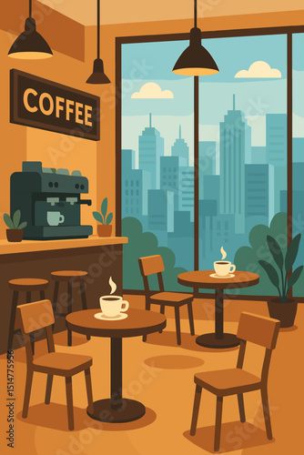 Modern coffee haven: Cozy cafe interior with steaming cups, espresso machine, and large window overlooking a vibrant city skyline. Relaxing atmosphere for a coffee break. Flat vector illustration.