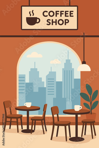 Modern coffee shop interior illustration with tables, chairs, and large arched window viewing the city skyline. Flat vector design for cafe, bistro, or urban lifestyle concepts.