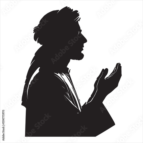 Black silhouette of a person in prayer (Salah), standing with hands folded, on a pure white background 