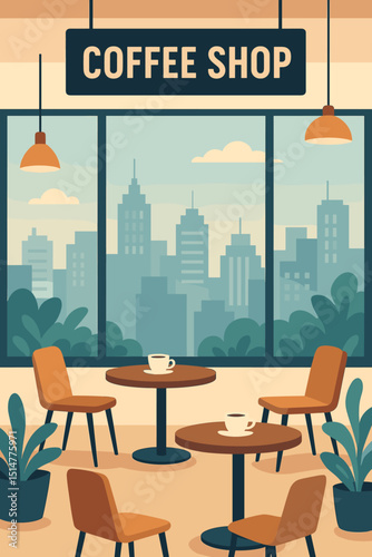 Coffee shop interior flat design illustration. Modern cafe scene with large window, city skyline view, tables, chairs, plants, coffee cups. Urban lifestyle, cozy atmosphere, beverage business concept.