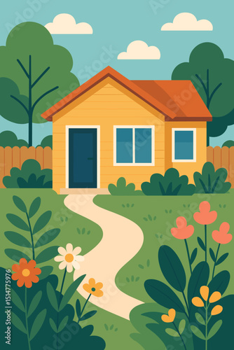 Charming modern house with vibrant garden, blooming flowers, lush green lawn, winding path, and picket fence. Suburban home exterior illustration. Real estate, idyllic lifestyle concept.