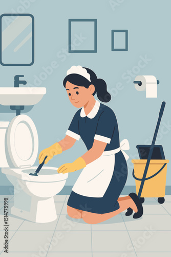 Professional maid in uniform, gloves, cleaning toilet bowl with brush in bathroom. Housekeeping service, hygiene, sanitation concept. Janitorial duties, domestic worker, cleanliness illustration.