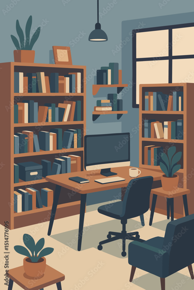 Modern office interior design vector illustration. Home office workspace with desk, computer, bookshelves, plants. Comfortable workplace for remote work, study, freelance. Flat style room. Modern office interior design vector illustration. Home office workspace with desk, computer, bookshelves, plants. Comfortable workplace for remote work, study, freelance. Flat style room.