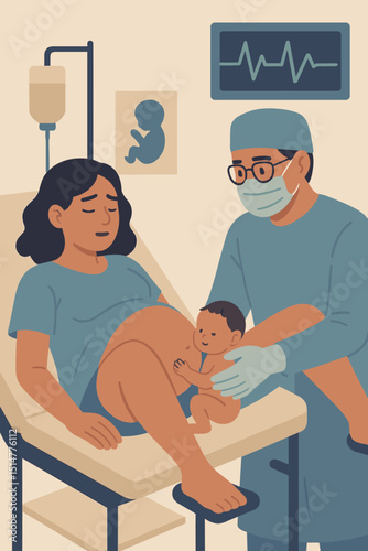 Childbirth medical procedure doctor obstetrician. Mother giving birth in hospital delivery room. Newborn baby infant. Healthcare maternity care gynecology. New life miracle. Flat vector illustration.