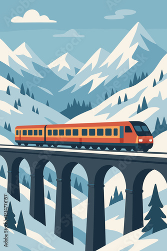 Retro style vector illustration of a train journey through snowy mountains. Passenger train on a viaduct bridge. Alpine winter landscape, scenic railway route for tourism and travel.