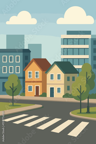 City street vector illustration. Urban neighborhood with houses, buildings, road, crosswalk, trees. Flat design cityscape. Real estate, community, town architecture concept background.