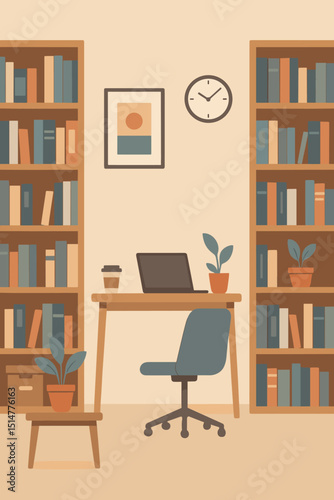 Modern office interior design with laptop, desk, chair, and bookshelves. Cozy home office workspace for remote work or study. Contemporary flat vector illustration of a productive environment.