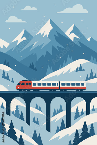 Red passenger train crossing viaduct bridge in snowy mountain winter landscape. Alpine scenery vector illustration. Concept travel, journey, transportation, scenic route, winter holiday.