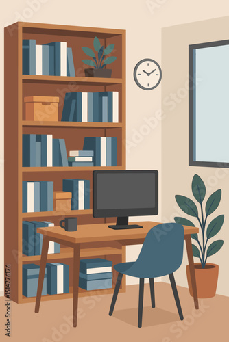 Modern office interior design. Home office workspace with desk, computer, chair, bookshelf, and plant. Contemporary workplace illustration for remote work or business concept.