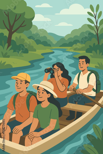 Group on riverboat nature tour. Friends exploring wilderness by canoe. Woman with binoculars birdwatching, man rowing. Adventure travel, ecotourism, outdoor recreation vector illustration.