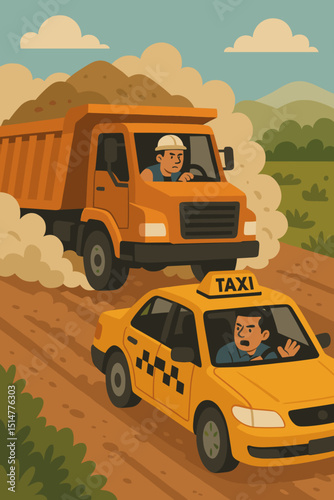 Frustrated taxi driver confronts reckless dump truck on unpaved rural road. Construction hauler creates dust cloud, road hazard. Heavy machinery, transport conflict, dangerous driving cartoon vector.