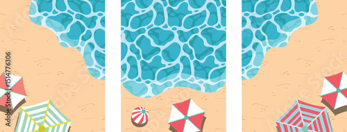 Summer beach poster set with an umbrella and a beach ball.