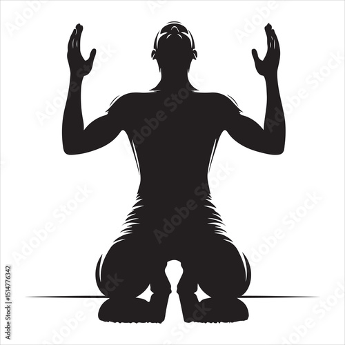 Black silhouette of a person in prayer (Salah), standing with hands folded, on a pure white background 