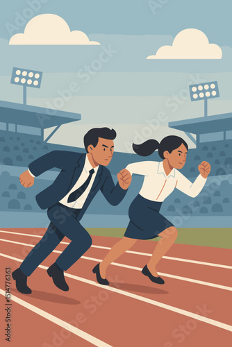 Business professionals competing in a race on a stadium track. Man and woman in corporate attire running. Metaphor for career competition, ambition, rivalry, and striving for success. Vector.