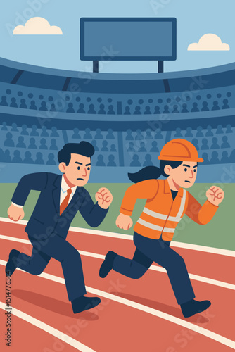 Business competition concept: Businessman in suit versus female construction worker racing on stadium track. Metaphor for professional rivalry, industry challenge, performance, and corporate ambition.