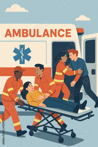 Urgent medical response team evacuating patient. Paramedics with stretcher loading injured woman into ambulance. Emergency healthcare services, first aid, accident rescue vector illustration.