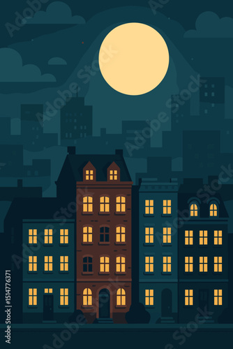Cityscape at night with full moon vector illustration. Urban landscape with illuminated buildings and moonlit sky. Flat design town scene for background, poster, or web graphic design art.