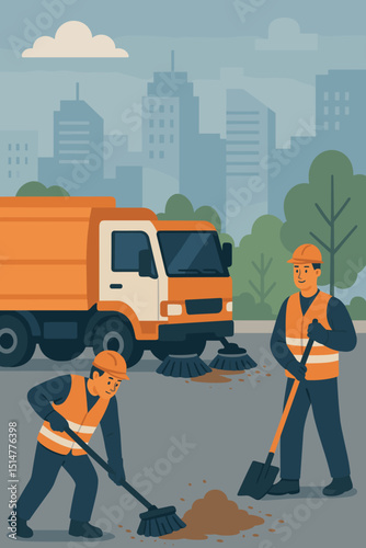 Professional street sweeping crew cleaning city. Sanitation workers with sweeper truck, brooms, and shovel ensuring urban cleanliness. Municipal service, public hygiene concept. Flat vector.
