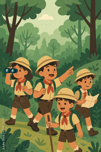 Scouting adventure. Kids exploration group, boys and girls, hiking in forest. Children as young explorers with map, binoculars, backpacks on nature trail. Outdoor summer camp teamwork. Vector.