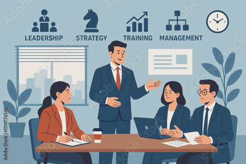 Corporate leadership meeting. Business strategy presentation. Team training, management planning. Office professionals, manager, employees. Teamwork, collaboration. Vector illustration.