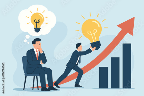 Business idea to execution. Innovative leadership. Manager thinking vs leader action. Lightbulb innovation for company growth. Success chart. Strategy, progress, development. Corporate goal.
