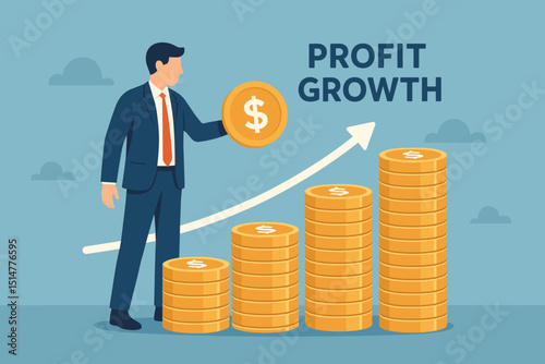 Profit growth strategy concept. Businessman with dollar coin and increasing money stacks. Financial success, investment return, income rise. Upward arrow chart. Business revenue, wealth accumulation.