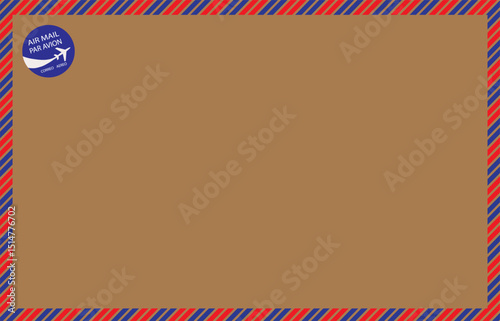 Airmail envelope with brown background, diagonal red-blue wrap, and blue Air Mail sticker on the top left. Suitable for international mail design