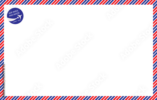 Airmail envelope with red and blue diagonal border typical of international post. In the upper left corner there is a round blue label with a white airplane icon