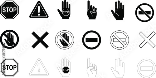 stop black sign icon set. stop sign. stop symbol with hand. stop traffic signs. Vector illustration