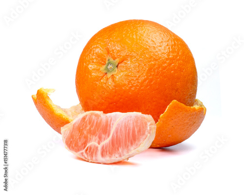 A whole fresh sweet orange fruit and one slice in front decorated with orange peel, perfect for illustration of nutrition, vitamin C, natural food and healthy lifestyle.