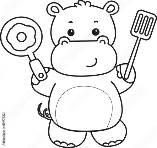 Outline of Cute hippo icon. Lineart of Funny baby hippo animal series stock illustration. life of fluffy hippo designs.