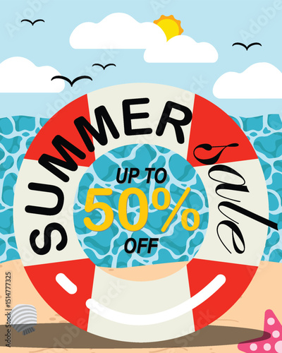 Summer sale. A pool float on the beach with sea, sky, clouds, birds, sun, seashell, starfish, sand, and sea. Flyer, poster, banner, website, and card.