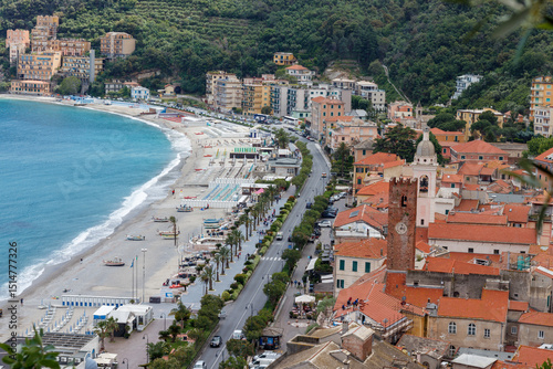 view of sea village of Noli with torre del commune, Noli, Savona Province, Ligury, Italy