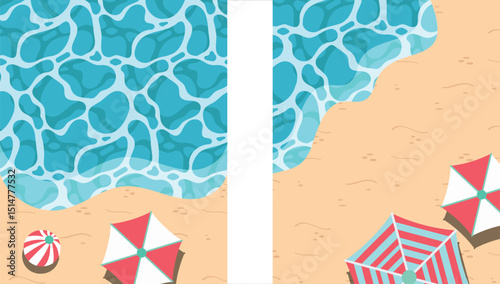 Summer beach poster set with an umbrella and a beach ball.