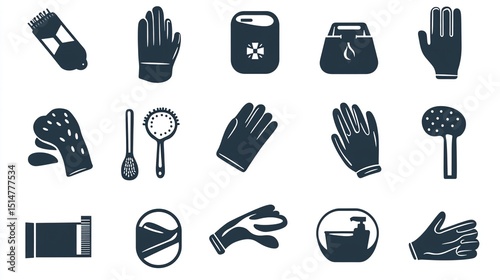 Collection of dark-blue, solid icons representing various personal care and hygiene items.  Includes hair clippers, gloves, a first-aid kit, a bag, and cleaning tools