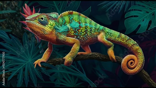Resting Chameleon on Branch Amongst Tropical Foliage Illustration
