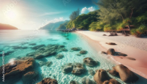 A perfect tropical island paradise with turquoise water, a sandy beach, and palm trees under a summer sky