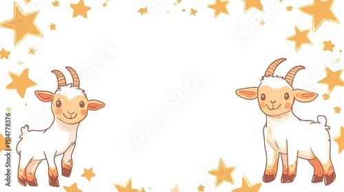 Two cartoon goats, light beige, in front of a white background framed by golden stars