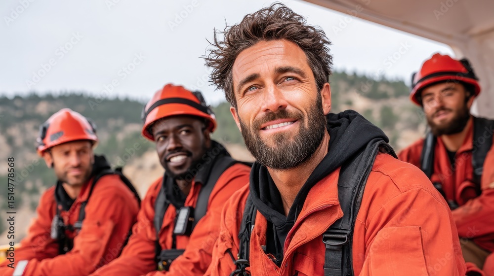 Obraz premium Team of workers in orange uniforms engaged in outdoor teamwork efforts