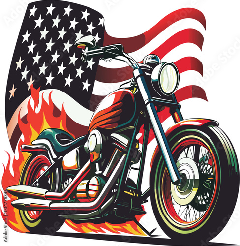 Red chopper motorcycle with American flag, isolated for speed and sport
