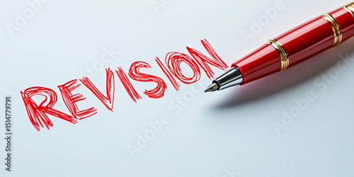Red Pen Writing Revision on Paper Concept for Editing or Study Preparation