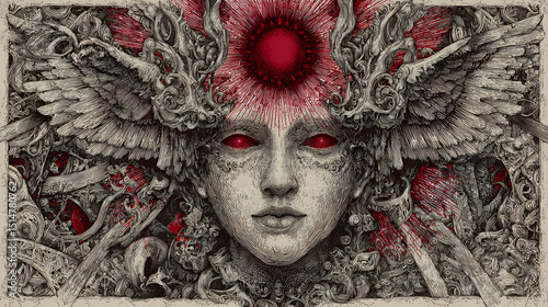 educational poster on sacred archetypes | goddess emergence | mythic tension | crimson and pearl | spiritual centrality | inner landscapes | ornamental texture | mythic icon layering | spiritual