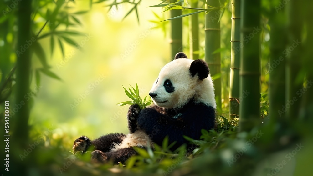 Obraz premium Peaceful Panda with Bamboo in Forest Light