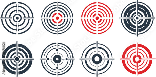Vector Set of Eight Circular Target Icons with Crosshairs and Concentric Rings in Black, White, and Red