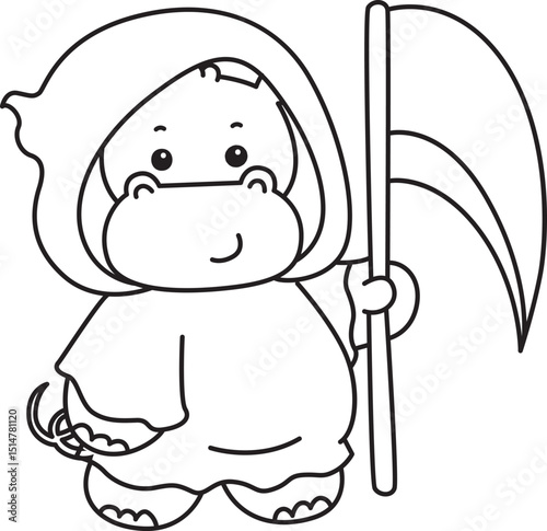 Outline of Cute hippo icon. Lineart of Funny baby hippo animal series stock illustration. life of fluffy hippo designs.